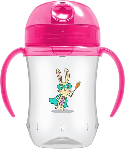 Vista 3 de Dr. Brown's Milestones Vaso de Aprendizaje con Boquilla Suave y Asas, Conejitos Héroes Rosados, Libre de BPA, 9 oz/270 mL, 9m+ Héroe de conejo rosa