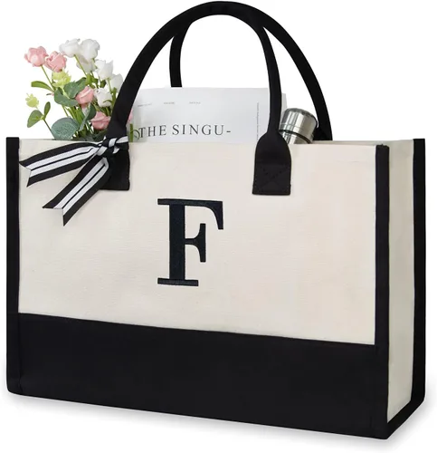 Vista 202 de TOPDesign Personalized Initial Canvas Beach Bag, Monogrammed Gift Tote Bag for Women