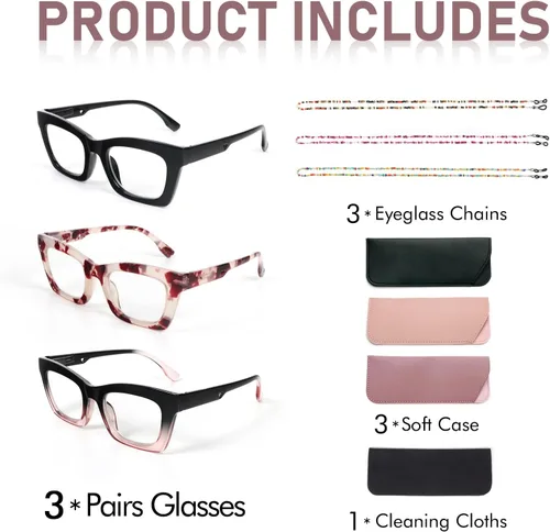 Vista 7 de REAVEE Paquete de 3 lentes de lectura estilo Oprah con cadena, lectores para mujer, bloqueo de luz azul con bisagra de resorte
