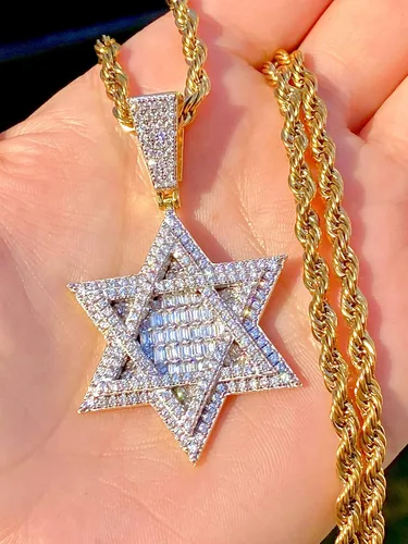 Vista 3 de Shop-iGold Custom Star David Hombres Mujeres 925 Italia Oro Acabado Helado Plata Colgante Hielo Out Colgante Acero Inoxidable Real 0.118in Cadena