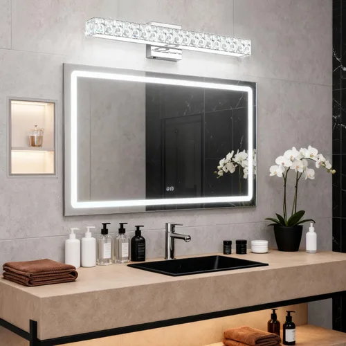 Vista 7 de SOLFART Lámpara de baño, accesorios de iluminación de tocador de cristal, luces LED modernas sobre espejo, lámpara de baño de 60 cm, cromada Luz