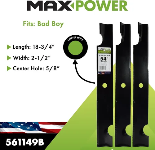 Vista 2 de MaxPower 561149B - Juego de 3 cuchillas fabricadas en EE. UU. Para cortacéspedes Bad Boy de 54 pulgadas reemplazan 038-0005-00