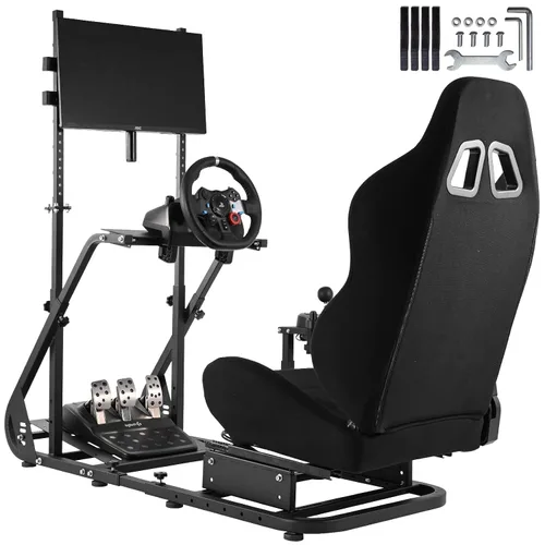 Vista 2 de Anman G25 Pro TV VR Sim Racing Simulator Cockpit Black Seat with Visualizer Monitor Stand Fit for LogitechThrustmasterFanatec G25 G27 G29 G920 G923