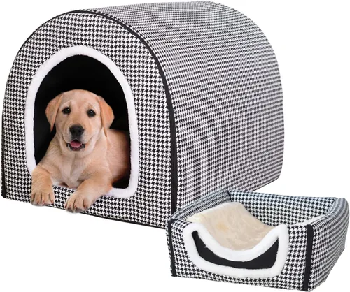 Vista 17 de Cama para gato o cama para perro, 2 formas de uso, casa de mascotas para interior con alfombra esponjosa, cubierta extraíble y lavable, fondo Grúas