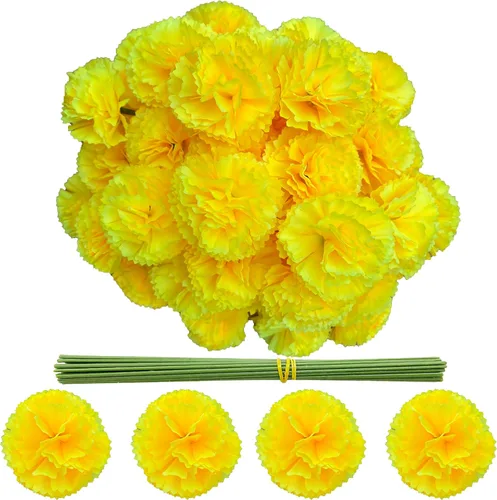 Vista 15 de Cabezas de flores de caléndula a granel, 50 unidades, flores artificiales de caléndula de seda para decoración del hogar, Diwali, corona