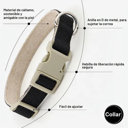 Vista 3 de Collar y correa para perro de algodón y cáñamo Plutus Pet, collar ajustable para perros pequeños, medianos y grandes, resistente y suave en la piel