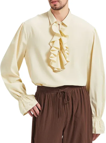 Vista 4 de American Trends Camisa pirata medieval renacentista para hombre, disfraz victoriano con volantes, steampunk, vampiro, gótico, tops de Halloween