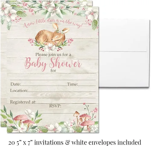 Vista 4 de Amanda Creation El paquete de fiesta de baby shower de Little Deer Woodland Girl incluye 20 invitaciones con sobres + 4 tamaños diferentes
