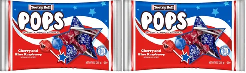 Vista 3 de Patriotic Tootsie Roll Pops, Paletas con sabor a cereza y frambuesa azul con centro de chocolate, caramelos duros envueltos individualmente