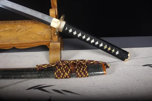 Vista 8 de Katanas japonesas con patrón de arcilla de acero templada, espadas japonesas hechas a mano, espadas catana funcionales de 41 pulgadas
