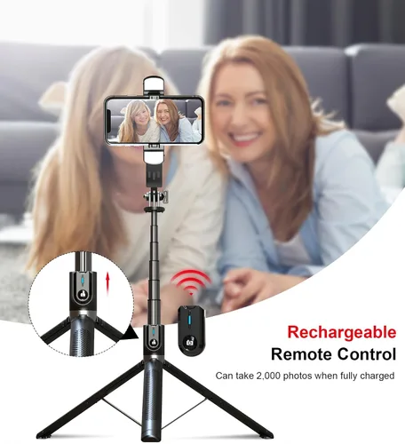 Vista 8 de ASHINER - Trípode de teléfono con control remoto, soporte portátil de 69 pulgadas para grabación, soporte extensible para teléfono celular con luz