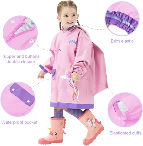 Vista 3 de Chubasquero para niños y niñas, poncho de lluvia con capucha, impermeable, impermeable, reutilizable, para lluvia de 4 a 18 años