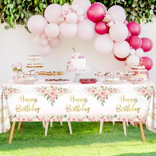 Vista 5 de Avezano 3 piezas de decoración de fiesta de oro rosa, manteles florales de feliz cumpleaños para niñas y mujeres, suministros de fiesta