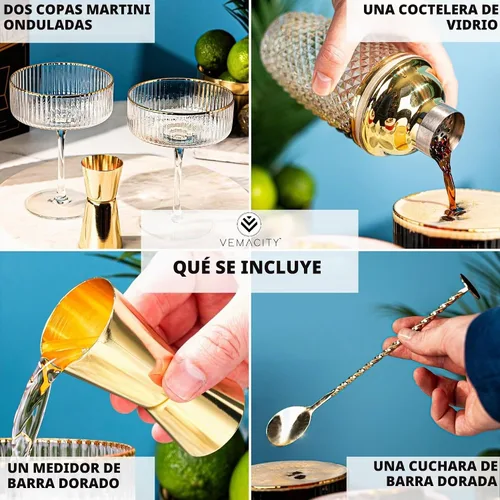 Vista 2 de VEMACITY - Regalos de lujo de Martini Espresso Juego de coctelera dorada + 2 copas de Martini Espresso - Kit de cóctel con colador integrado