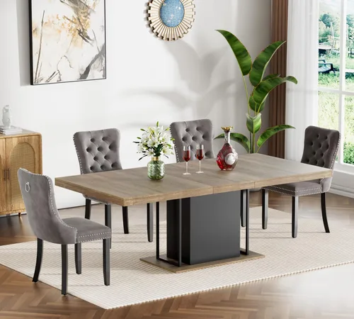 Vista 99 de Juego de mesa de comedor extensible de 5 piezas, juego de mesa de comedor extensible de estilo granja para 4, mesa de cocina expandible de madera