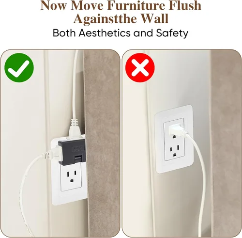Vista 3 de Adaptador extensor de salida de pared de 3 vías plano - Paquete de 2 Adaptador de enchufe plano giratorio de 180 grados AC, extensor de salida