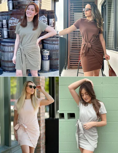 Vista 8 de MEROKEETY - Vestido camisero femenino de manga corta y cuello redondo, corto y entallado, fruncido y con lazo en la cintura