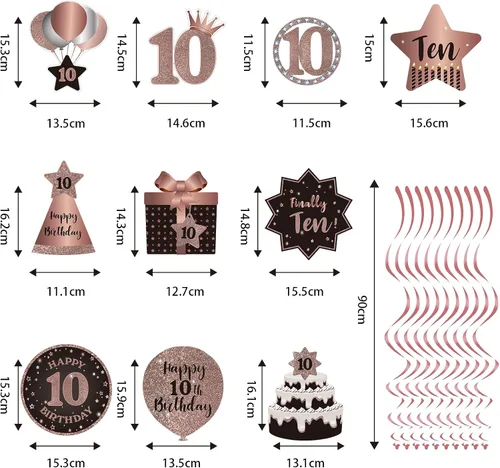 Vista 2 de Decoraciones colgantes de techo de remolinos de 10 años, 10 espirales colgantes de papel de aluminio con recortes para 10 años de edad, suministros
