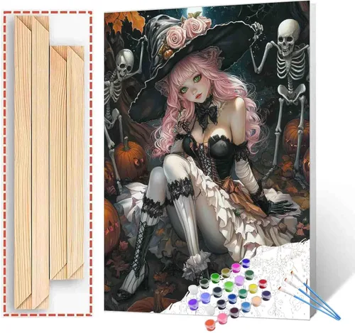 Vista 26 de Tucocoo Decoración del Día de los Muertos, pintura por números, esqueleto para parejas, pintura por números sobre lienzo con pinceles y pigmento