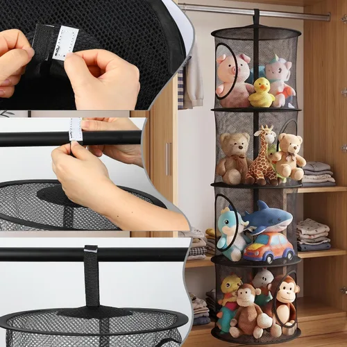 Vista 4 de Almacenamiento Colgante para Juguetes de Peluche, Organizador de Almacenamiento de Peluches Plegable para Rincón con 4 Compartimentos, Organizador