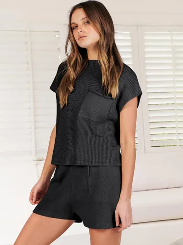 Vista 8 de ANRABESS Conjunto de dos piezas para mujer, suéter corto, suéter y pantalones cortos, conjunto de ropa de descanso