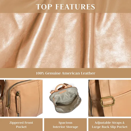 Vista 2 de American Leather Co. Cleveland - Mochila mediana para mujer, color beige, 100% piel auténtica, elegante mochila de tamaño mediano con detalles