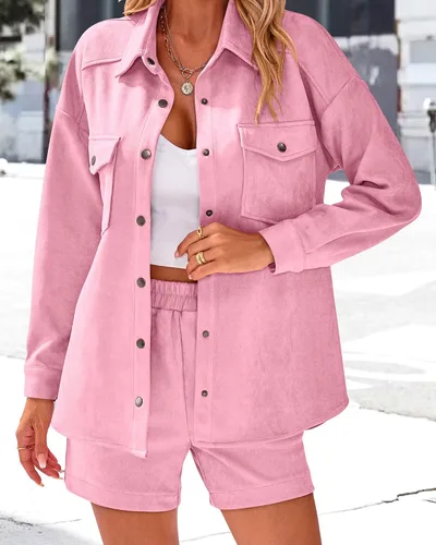 Vista 2 de KIRUNDO Conjunto casual de dos piezas para mujer, de manga larga, chaqueta y pantalones cortos