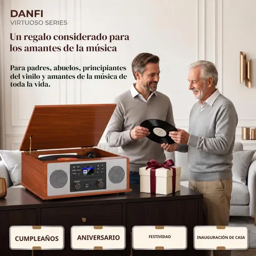 Vista 4 de Tocadiscos Bluetooth retro 10 en 1 con altavoces estéreo, tocadiscos de vinilo de 3 velocidades, reproductor de CD, reproducción y grabación USB/SD