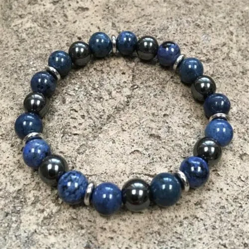 Vista 2 de Pulsera de piedra de venas azules de 0.315in de 7.5 pulgadas de plata tibetana elástica unisex #6006