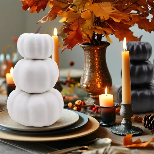 Vista 6 de Gresorth Juego de 2 calabazas artificiales apiladas blancas y negras para pintar, decoración artificial de Halloween, otoño, para el hogar, fiesta