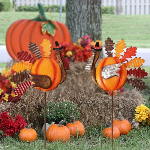Vista 7 de Lulu Home Decoraciones de pavo de Acción de Gracias, juego de 2 estacas de pavo de metal, decoración de otoño, decoración de otoño para exteriores