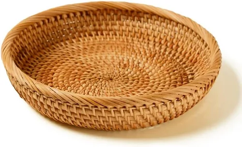Vista 7 de I-lan Cestas de pan redondas de 10 pulgadas con pared de 2 pulgadas, cesta de frutas de ratán con borde enrollado, cesta decorativa natural