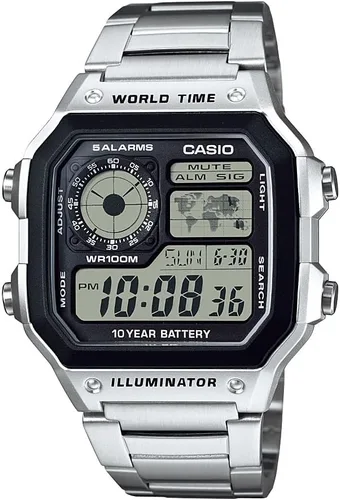 Vista 2 de Casio AE1200WH Series Men’s Digital Watch 100M WR Multi Alarms 100 SEC Stopwatch Countdown Timer World Map for World Time LED Light