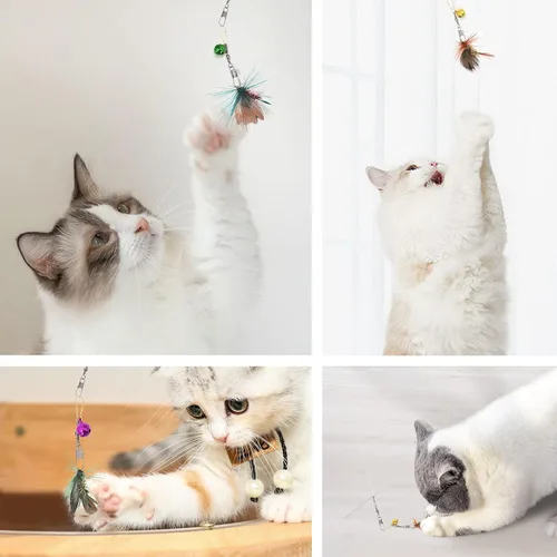 Vista 6 de SONGWAY Cat Teaser Wand Toy – Juego de 10 piezas de juguete de plumas de insectos y gatos con varita retráctil y recambios de plumas con campana
