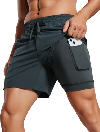 Vista 9 de CRZ YOGA Pantalones cortos de correr 2 en 1 para hombre de 5 pulgadas, forrados, de secado rápido, para entrenamiento, deportes, atletismo