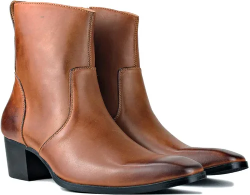 Vista 9 de COWSDELLA Botas de vestir para hombre, tacón casual, estilo chukka con cremallera, color negro, JY002