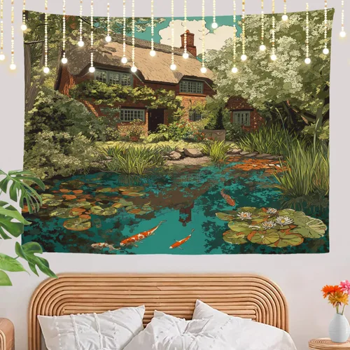 Vista 7 de Shrahala Peaceful Retreat Charming Abode Tapestry, Verdant Landscape Water Wall Hanging Hd Print Polyester Backdrop For Dorm Room Bedroom 30 X 40 In