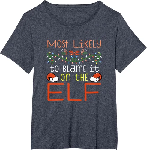 Vista 34 de Camiseta de Navidad familiar a juego con la frase "Most Likely To Blame It On The Elf" Negro