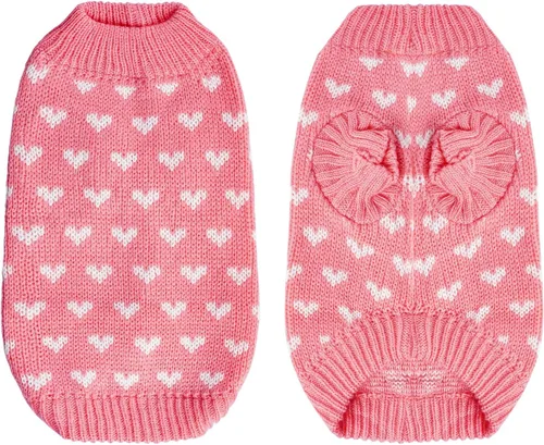 Vista 2 de Dxhycc Suéter de perro tejido con corazón, suéter de cachorro cálido y suave, ropa festiva para mascotas para gatos y perros pequeños (Rosa, S)