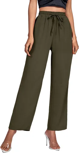 Vista 3 de Umenlele Pantalones deportivos de algodón y lino con cordón elástico para mujer, con bolsillos