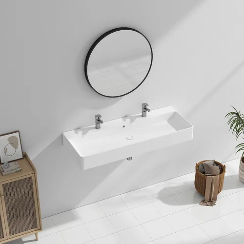 Vista 7 de Eridanus Lavabo de Baño Rectangular 43" x 16", Lavabo Vasija de Cerámica Vítrea de Dos Orificios, Montaje en Encimera y Pared, Lavabo Flotante