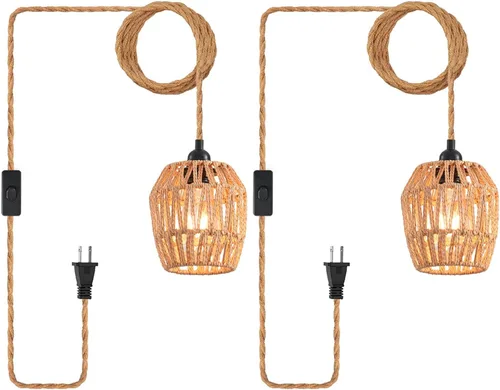 Vista 9 de Lámpara colgante industrial con cable enchufable, interruptor de encendido/apagado de cuerda de cáñamo, lámpara colgante de granja para comedor
