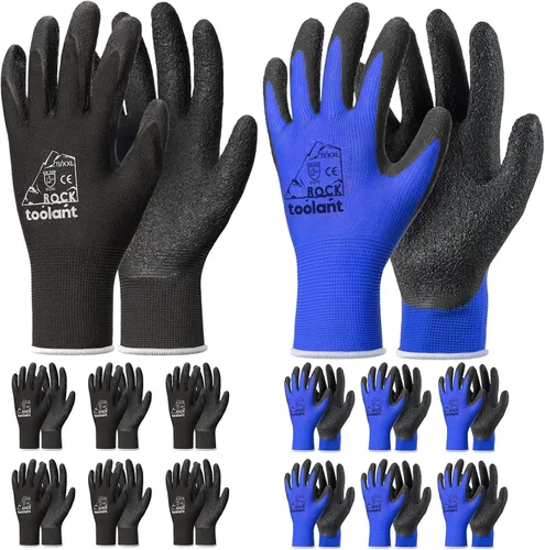 Vista 8 de toolant Guantes de trabajo de látex arrugado a granel, guantes de seguridad con revestimiento de goma para hombres y mujeres, 12 pares para Negro