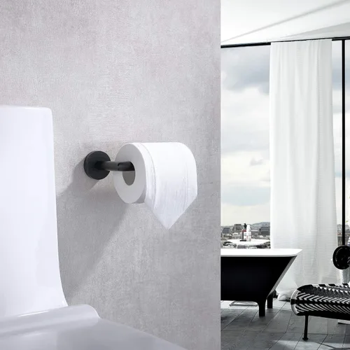 Vista 7 de TASTOS Soporte de papel higiénico negro mate de acero inoxidable, dispensador de rollos de papel higiénico para baño, soporte de pared redondo medio