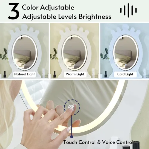 Vista 2 de Juego de mesa de tocador de maquillaje con taburete con cajones, espejo iluminado regulable con luz de control de voz y táctil, tocador