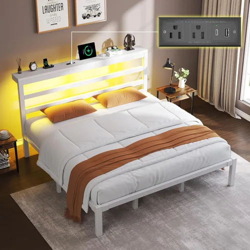 Vista 12 de E-Motie Marco de cama tamaño doble con cabecera de almacenamiento, plataforma industrial con estación de carga y luces LED, espacio
