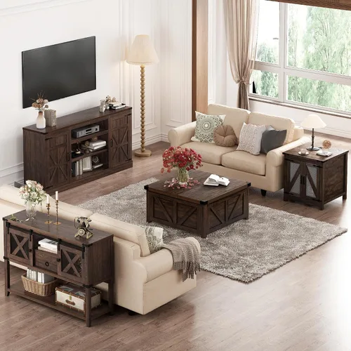 Vista 8 de Hlivelood Mesa de Entrada Estilo Granja con 2 Puertas Corredizas de Granero y Cajón, Mesa Consola Rústica de 46'' con Almacenamiento, Espacio