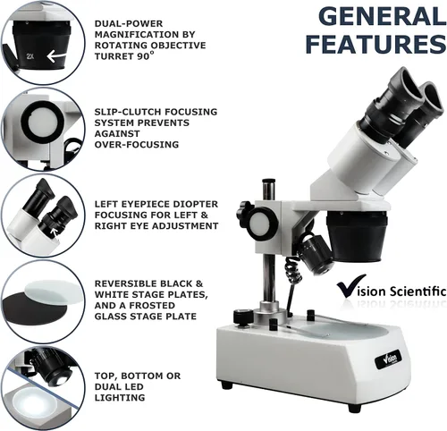 Vista 2 de Microscopio estéreo binocular VMS0002-LD-12-ES2, oculares WF10x y WF20x, objetivos 1x y 2X, aumento de 10x, 20x y 40x, iluminación LED superior e