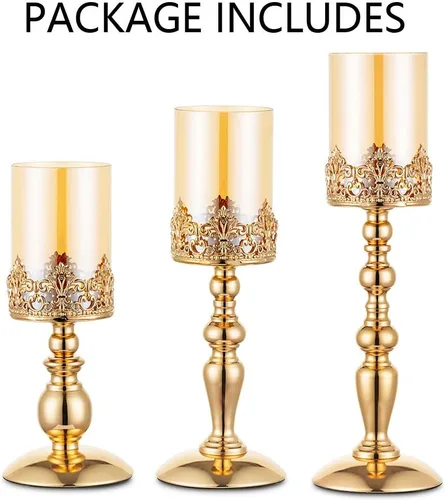 Vista 7 de Nuptio Portavelas de pilar con vidrio, juego de 3 portavelas dorados de huracán, decoración moderna del hogar, regalos para boda, aniversario