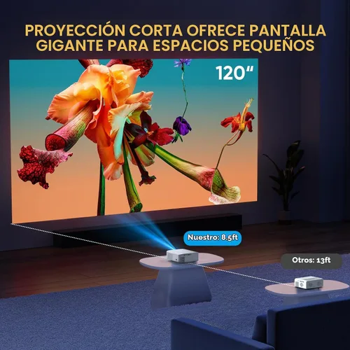 Vista 3 de [Aplicaciones integradas] Mini proyector inteligente de corto alcance 4K con WiFi 6 y Bluetooth, proyector de película para exteriores Keystone